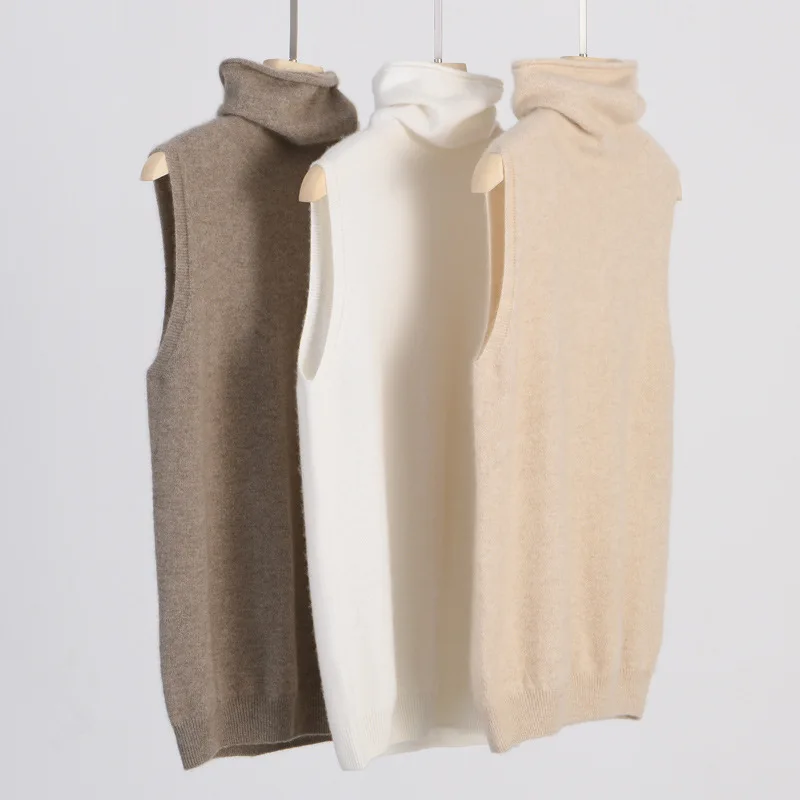 Women's High Neck Knitted Vest Sleeveless Sweater Solid Color Slim Fit Appearance Vest Autumn And Winter Basic Layered Top