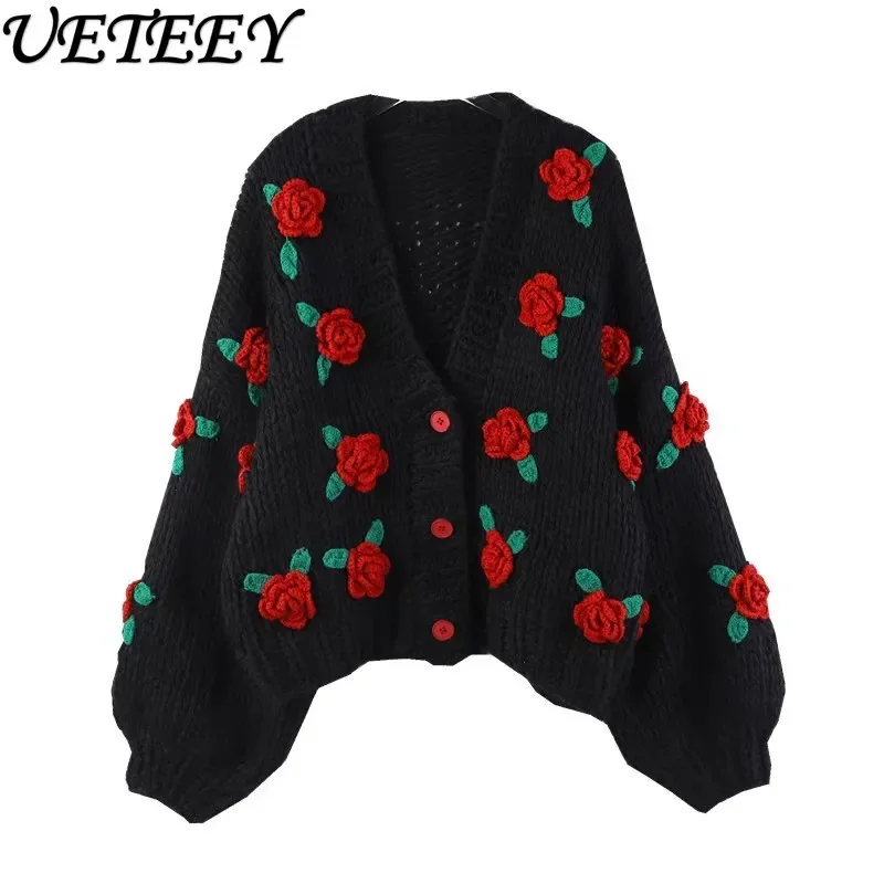 Autumn and Winter New V-neck Long-sleeved Thick Knitted Cardigan Flower Single-breasted Versatile Contrasting Coat Sweater