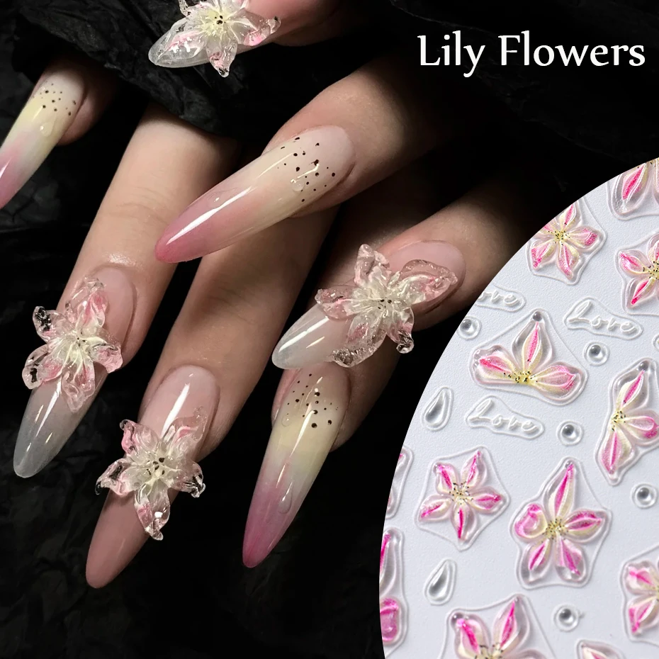 Lily Flower 5D Embossed Nail Stickers Ins Jelly Crystal Blossom