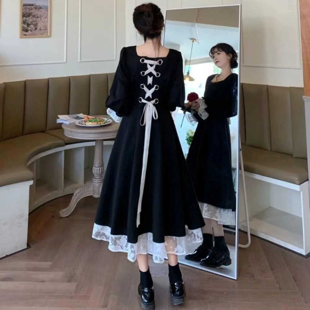 

Fashion Slim Fit Lace Princes Dress A-line Pleated Girls Long Dress Sweet Ballet Style Puff Long Sleeved Dress Streetwear