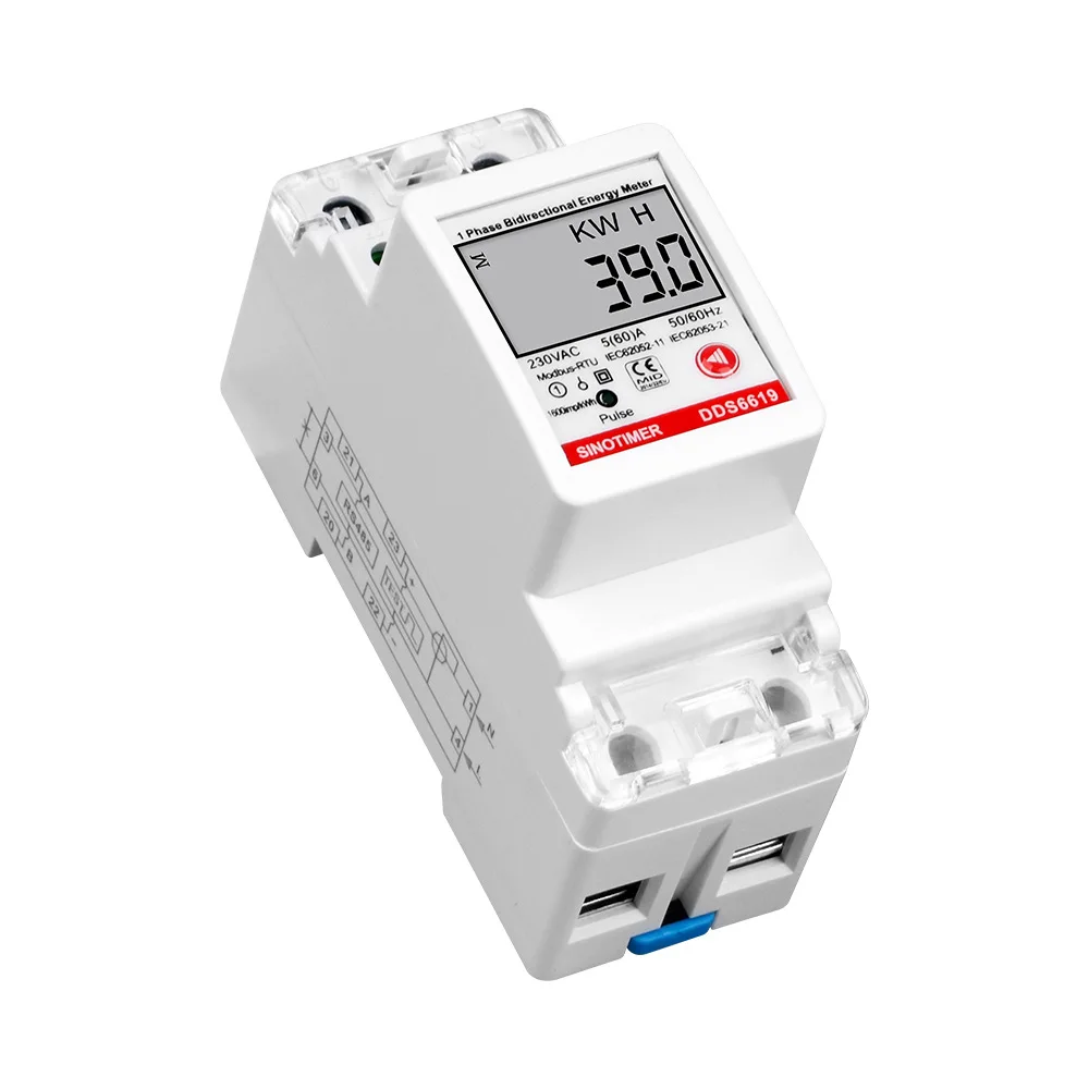 

DDS6619-039 Din-rail AC230V Multifunction Single-phase Energy Meter 2P with RS485 Modbus Communication Bidirectional Metering