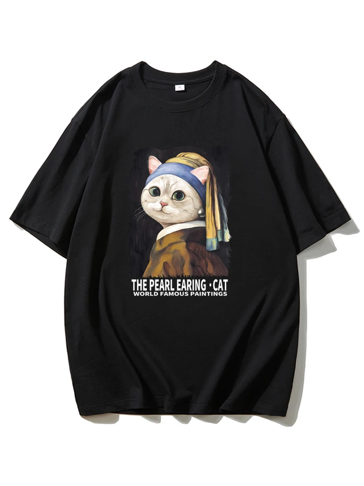 2025 تي شيرت مطبوع عليه أقراط لؤلؤ القط للرجال والنساء، بلايز قابلة للتنفس، اللوحات الشهيرة، الصيف