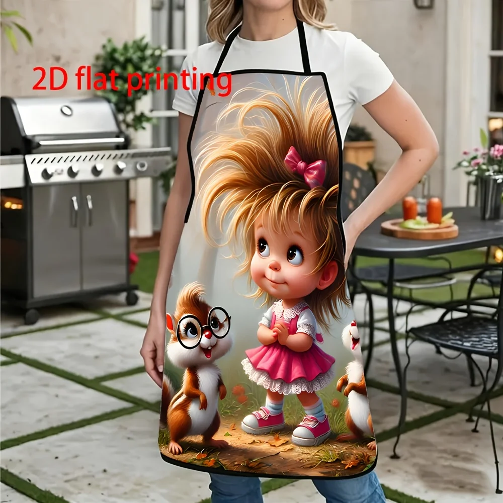 1pc Apron - Playful Girl and Adorable Squirrel Hand-Drawn Illustration in a Healing Forest Secret Realm, Suitable for Cooking, B