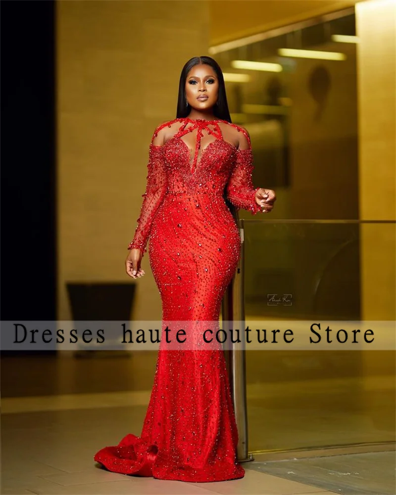 Aso Ebi Luxury Red Beaded Lace Mermaid Evening Dresses 2025 Long Sleeve Crystal African Wedding Party Dress Prom Gown Customized