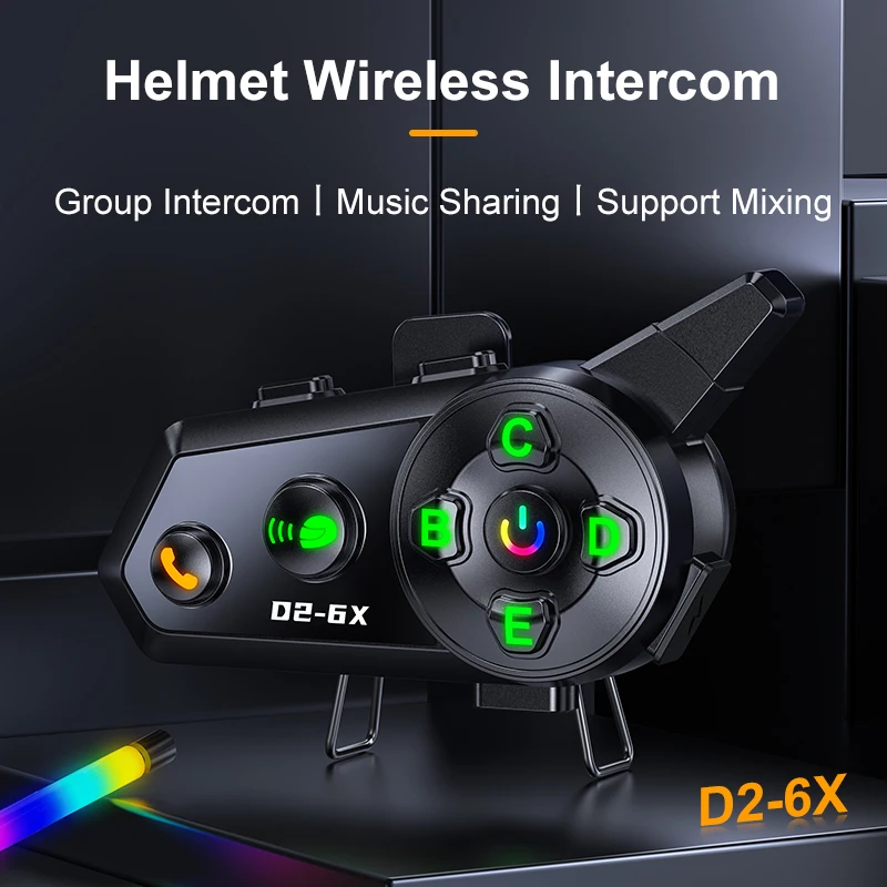 Motorcycle Helmet Bluetooth Headset D2-6X RGB LED Wireless Intercom Handsfree Call IPX Waterproof Stereo Music Moto Interphone
