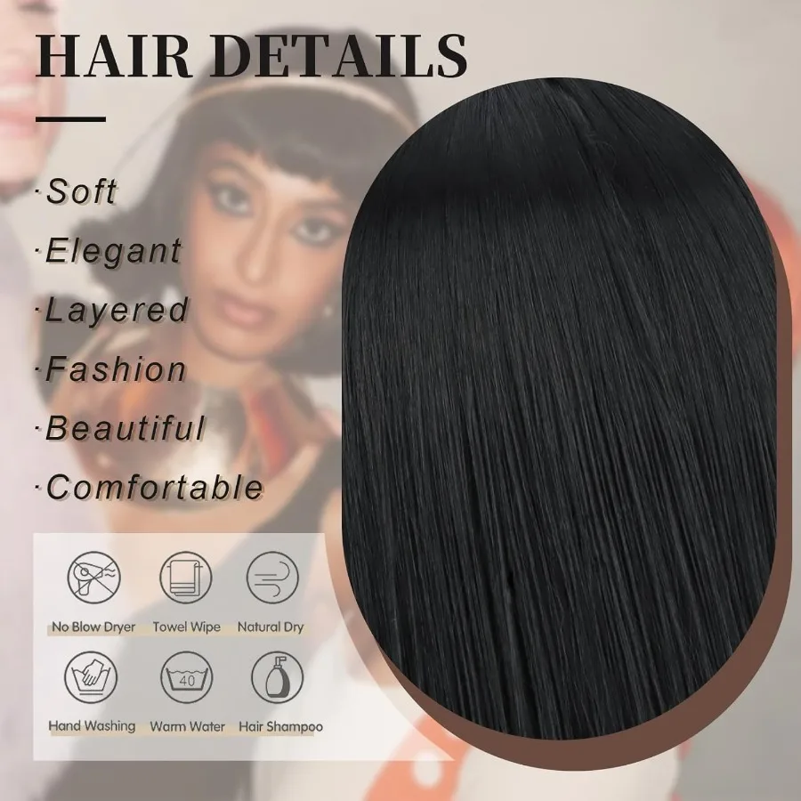 شعر مستعار قصير أسود مستقيم مع غرة للنساء بوب طول الكتف ألياف صناعية مقاومة للحرارة لاستبدال الشعر