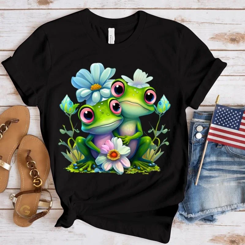 New Frog Print T Shirt Fashion Women Summer Casual Short Sleeve Tee Cute Loose T Shirts