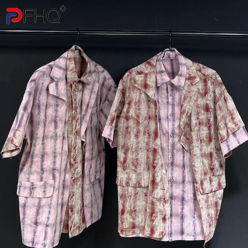 

PFHQ Men's Design Plaid Shirt Short Sleeves Summer Niche Contrast Color 2024 Patchwork Male Tops Korea Fashion 21Z5008