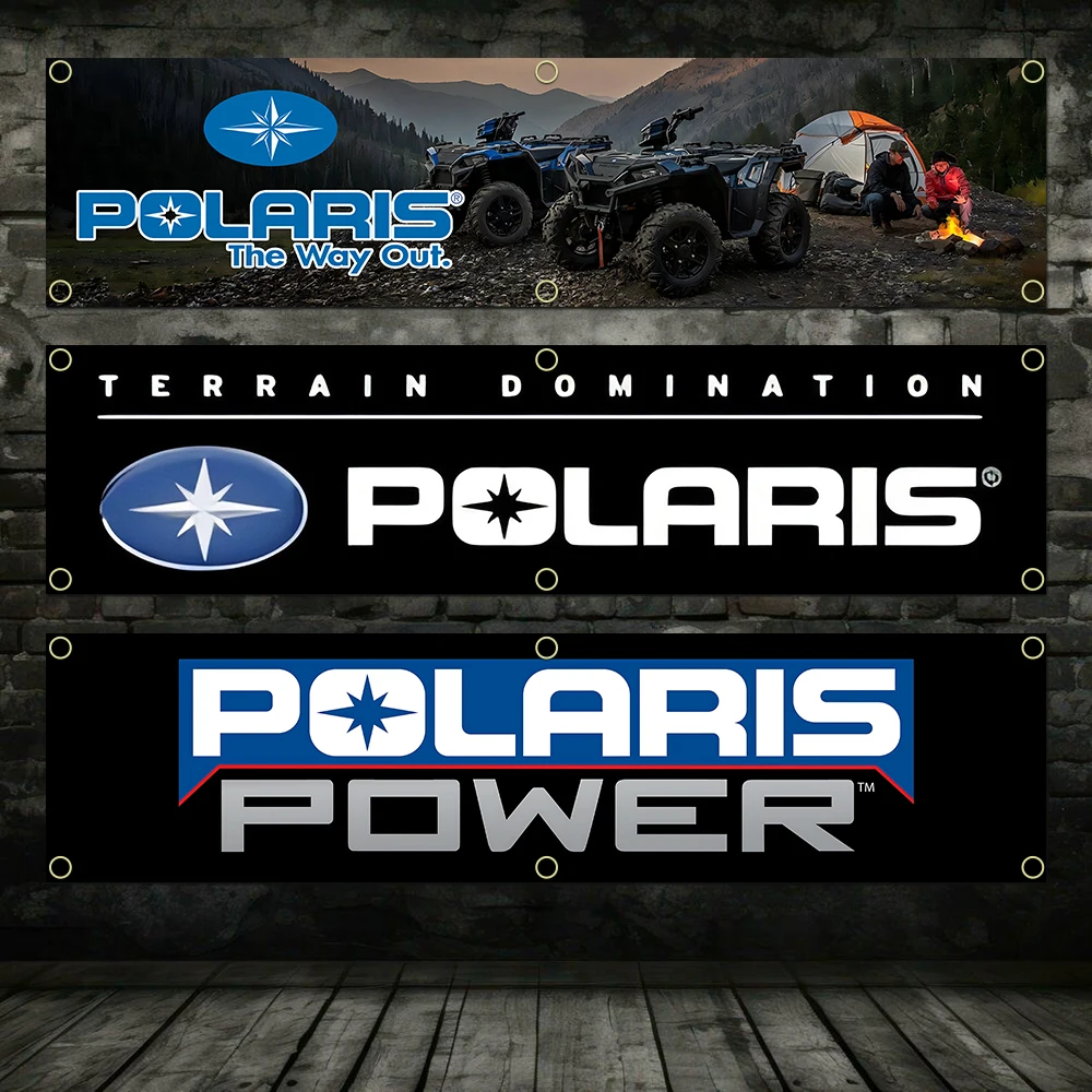 60X240cm Banner motocykl P-Polaris flaga poliester drukowany garaż Wall Art dekoracje zewnętrzne gobelin z mosiężnymi przelotkami