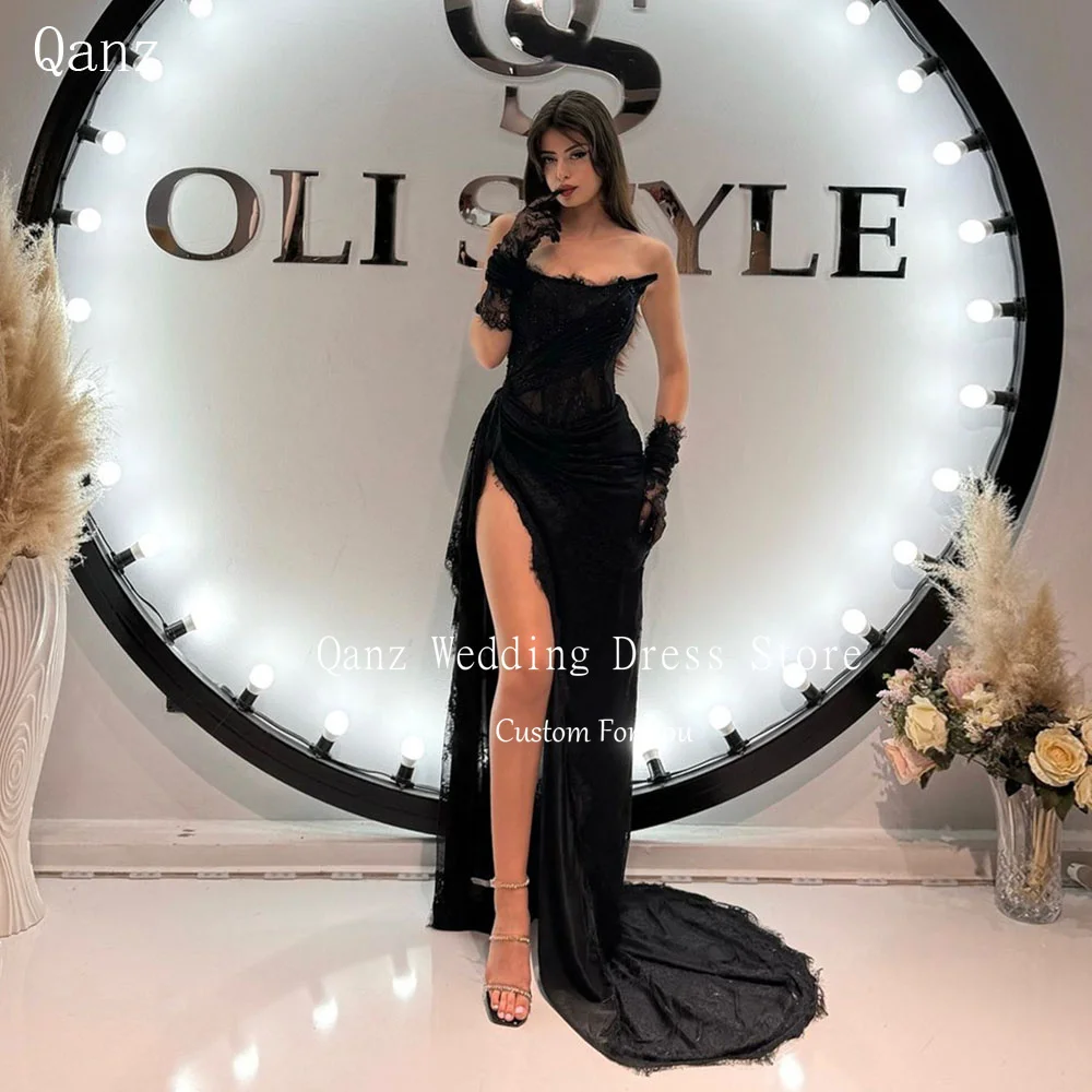 Qanz Luxury Lace Evening Dresses No Gloves Sexy High Leg Slit Strapless Party Gowns Corset Formal Occasion Dresses Customized