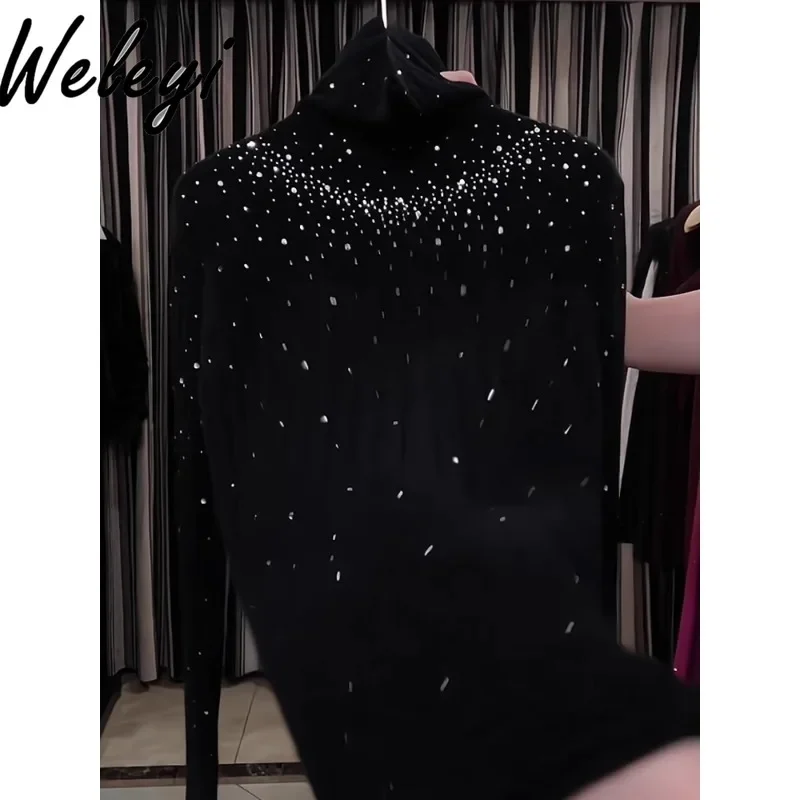 

Oversized Black Sweater Women's Winter Diamonds Knitwear 2024 New Casual Versatile Premium Long Sleeve Pullover Cardigan Tops