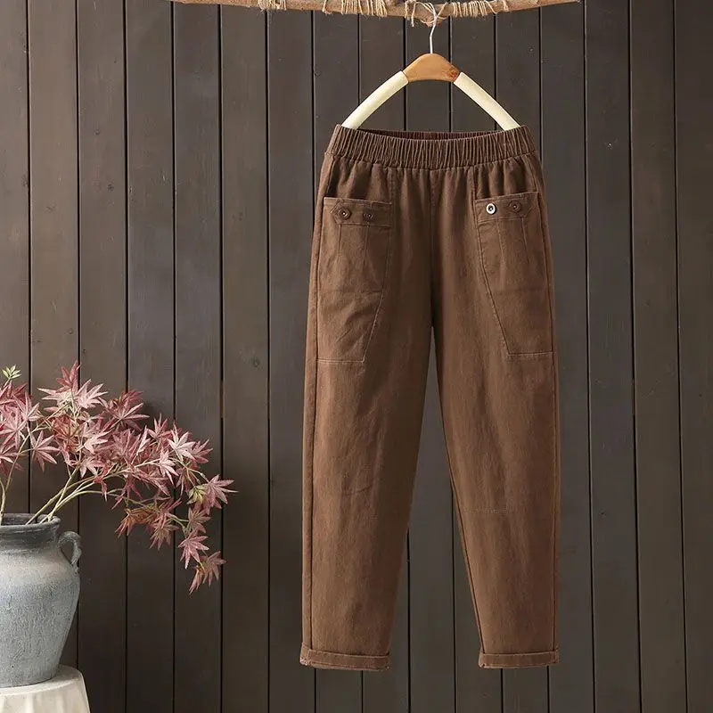 2024 Temperament Summer Casual Women's Fashion Versatile Solid Color Pockets Elastic High Waist Loose Straight Harun Crop Pants