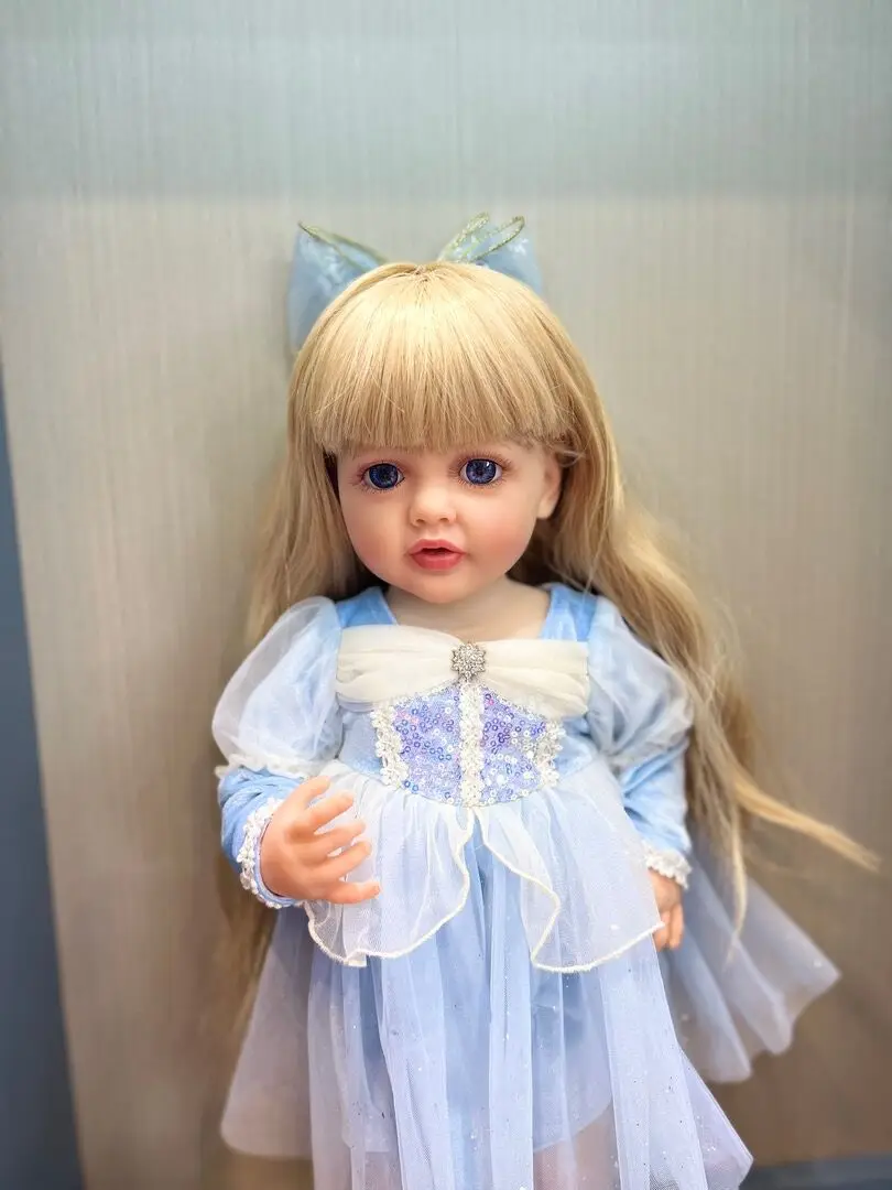 NPK 55CM Full Body Silicone Soft Touch Reborn Toddler Princess Betty with long blond Hair Blue dress Lifelike Real baby doll