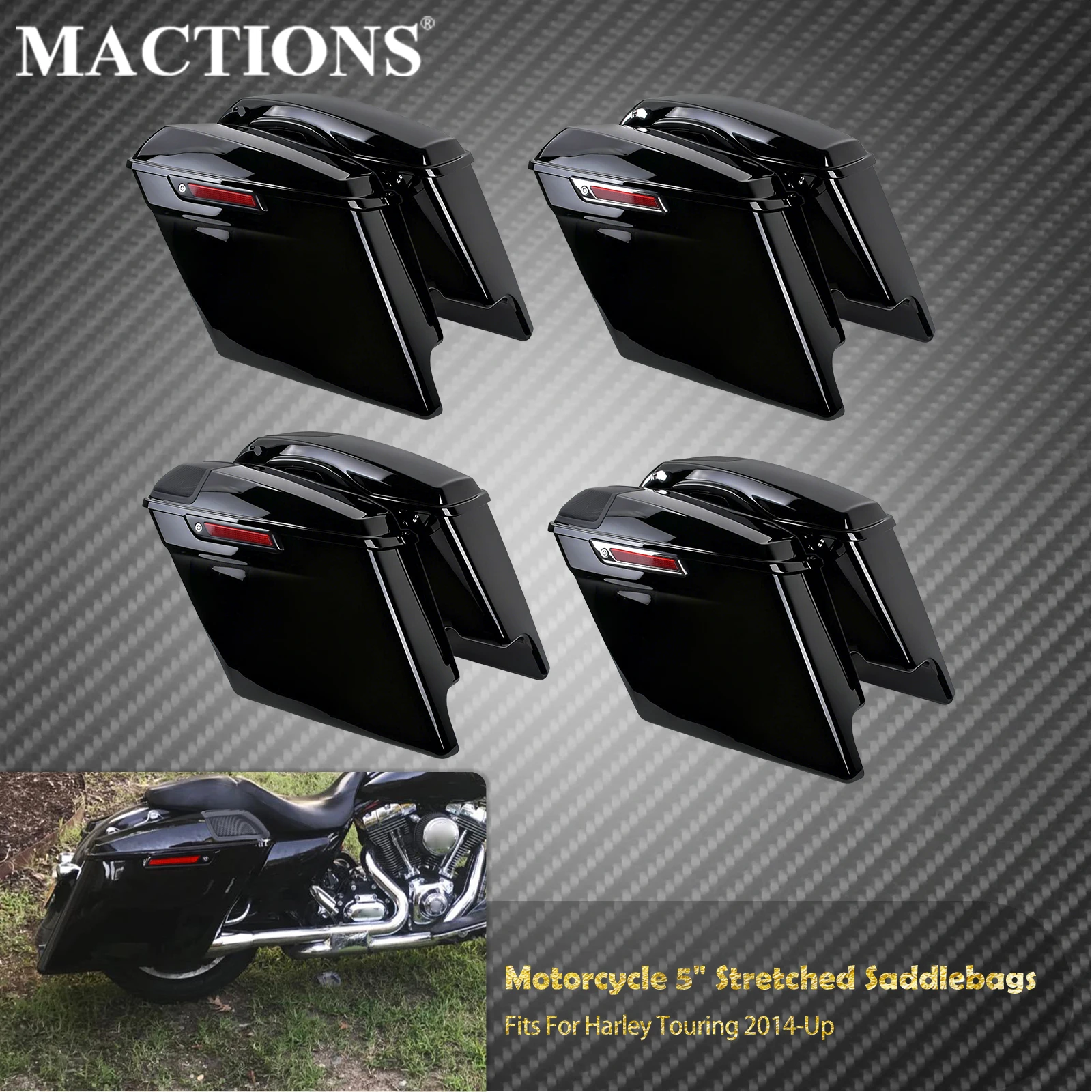 

Motorcycle 5" Stretched Saddlebags With Lids Grills Luggage Hard Side Bags For Harley Touring 2014-2024 Road King Street Glide