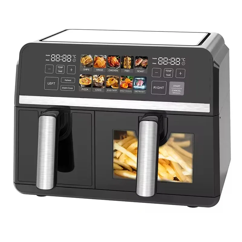 SS Dual Basket Air Fryer 6+8L Oven with View Windows+colorful Panel, Nonstick and Dishwasher Safe