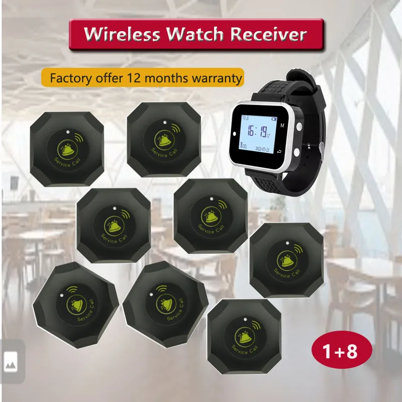 QWICALL 8 High Quality  Call Button 1 Waiter  Watch Pager Receiver Restaurant Wireless Guest Calling System 433mhz Bell Pager