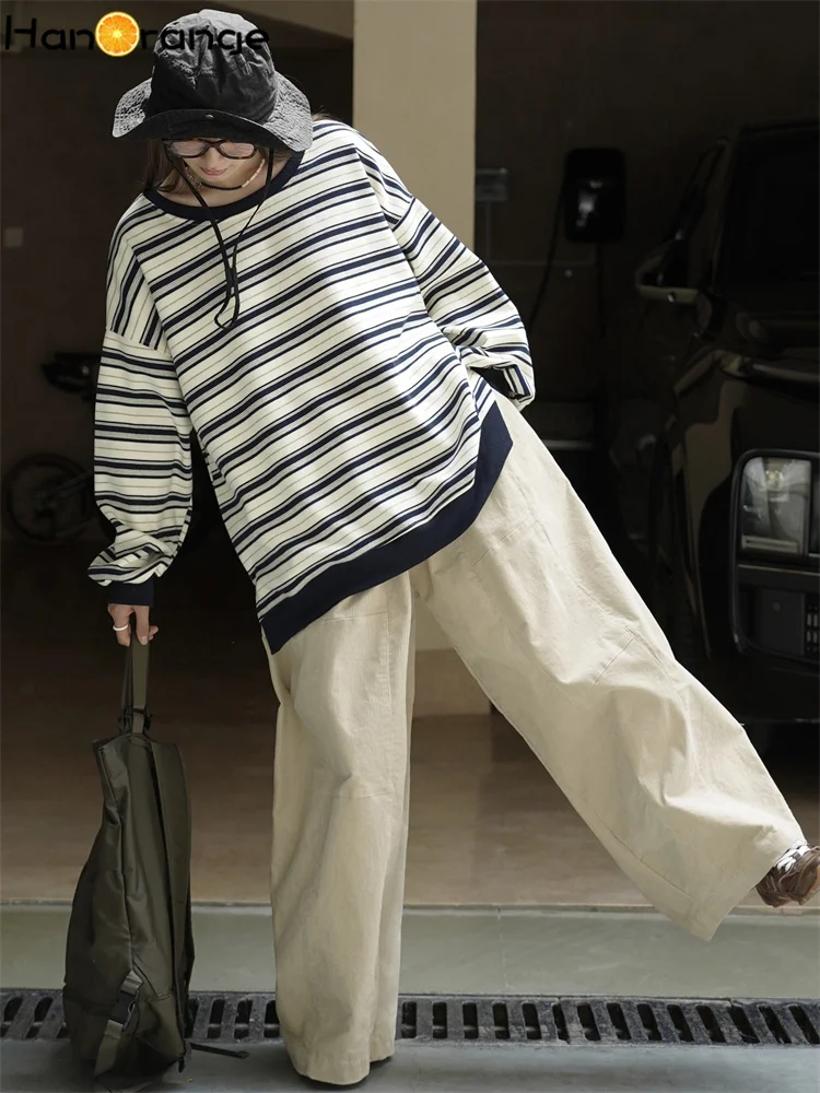 HanOrange 2025 Autumn Fashion Contrasting Bold Stripes Sweatshirt Women Loose Silhouette Top