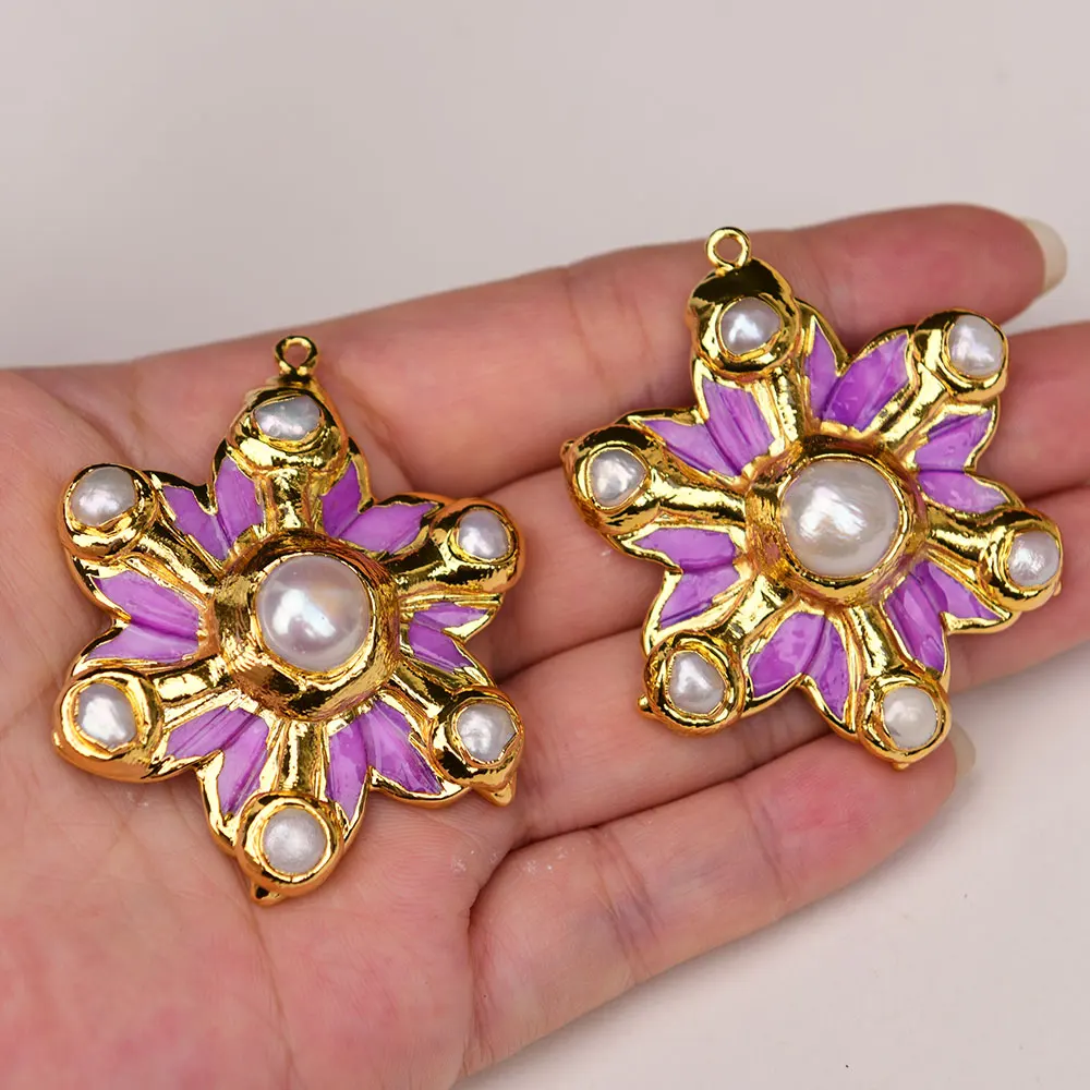 

APDGG 2 Pcs Natural White Keshi Pearl Purple Shell Flower Gold Plated Pendant Charms For Necklace Jewelry Making DIY