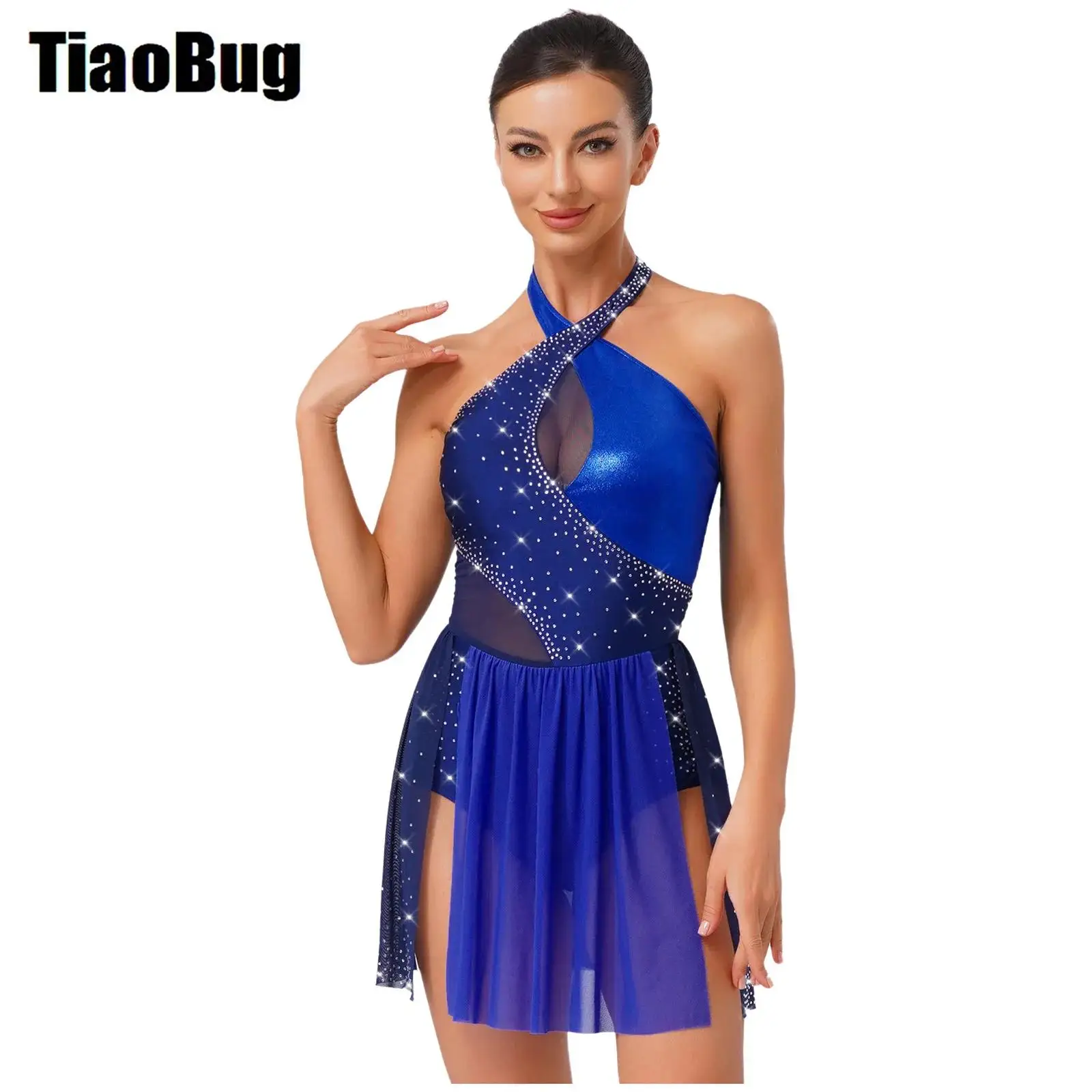 

Women Figure Skating Leotard Dress Gymnatics Ballet Latin Dance Costume Halter Rhinestone Irregular Hem One Piece Bodysuit Dress