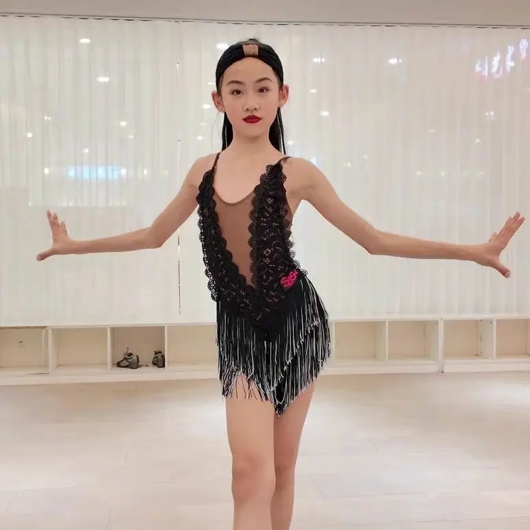 2025년 신상 라틴 댄스 의상 소녀용 스트랩 레이스 태슬 드레스 공연 드레스 차차 룸바 탱고 댄스 어린이 라틴 드레스