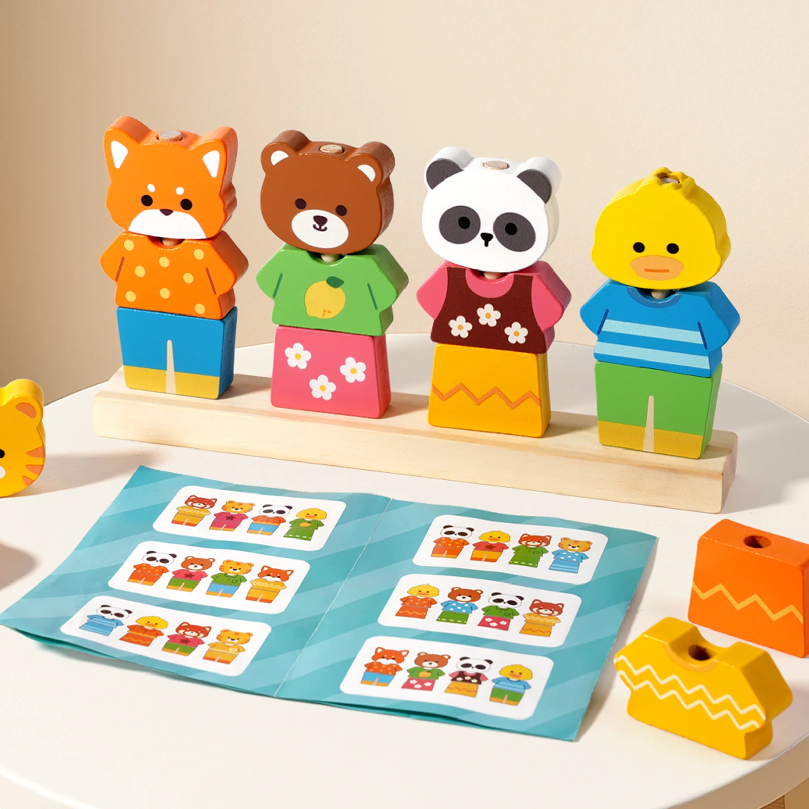 Montessori Wooden Animal Stacking & Dress Up Blocks Children's Early Education Change Clothes Dressing Game Colorful Puzzle