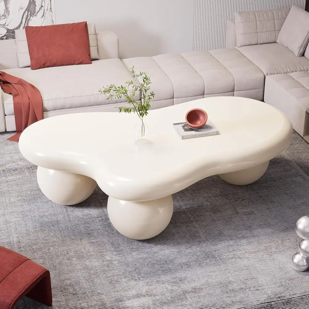 

Modern Cloud-Inspired Oval Coffee Table with 3 Pedestals, Cream Finish for Home Living Spaces