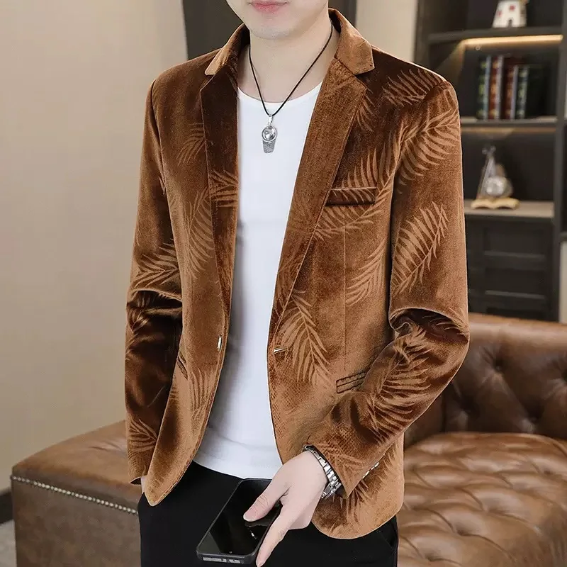 

Autumn and Spring Fashion Trend Printed Brocade Suit Jacket Men's Business Casual Loose Comfortable Plus Size High Quality Top