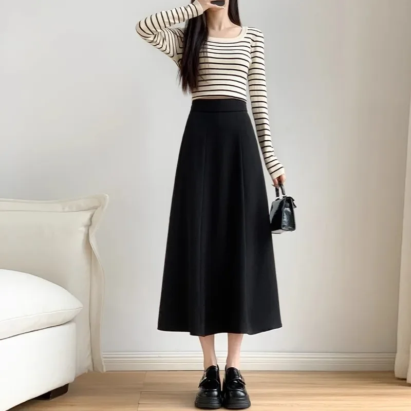 High-waisted Slimming Draped Black Suit Skirt Women's Medium-length A- line Commuting Skirt Large Wide