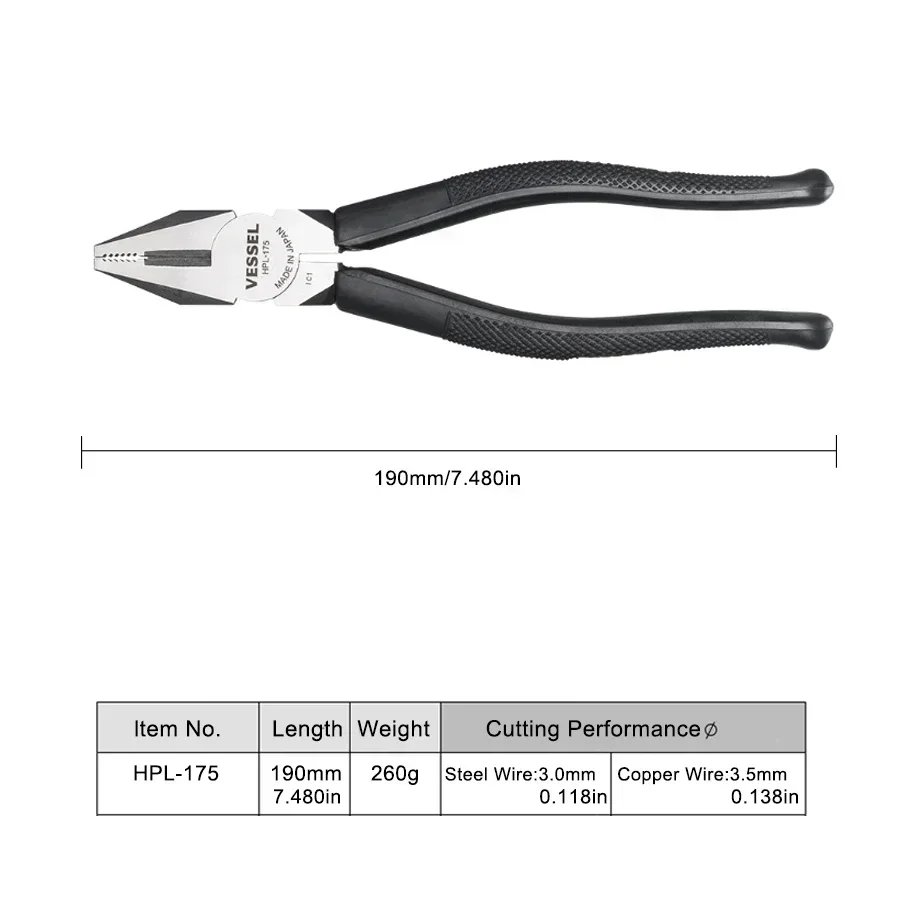 VESSEL Electrical Wire Cutter Plier Combination Pliers Strong Steel Wire Pliers 175mm Professional Cables Wire Cutter  HPL175 El