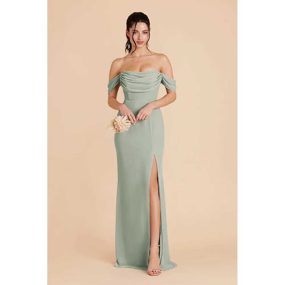 Vestido de novia QueensLove con hombros descubiertos, vestido de dama de honor con abertura alta, vestido de fiesta con tirantes acampanados, vestido de gasa personalizado