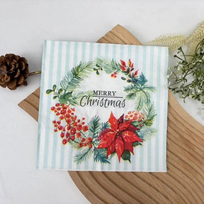 20Pcs 2Ply 33cm Christmas Napkins Poinsettia Wreath Berry Disposable Paper Napkins for Party Decor