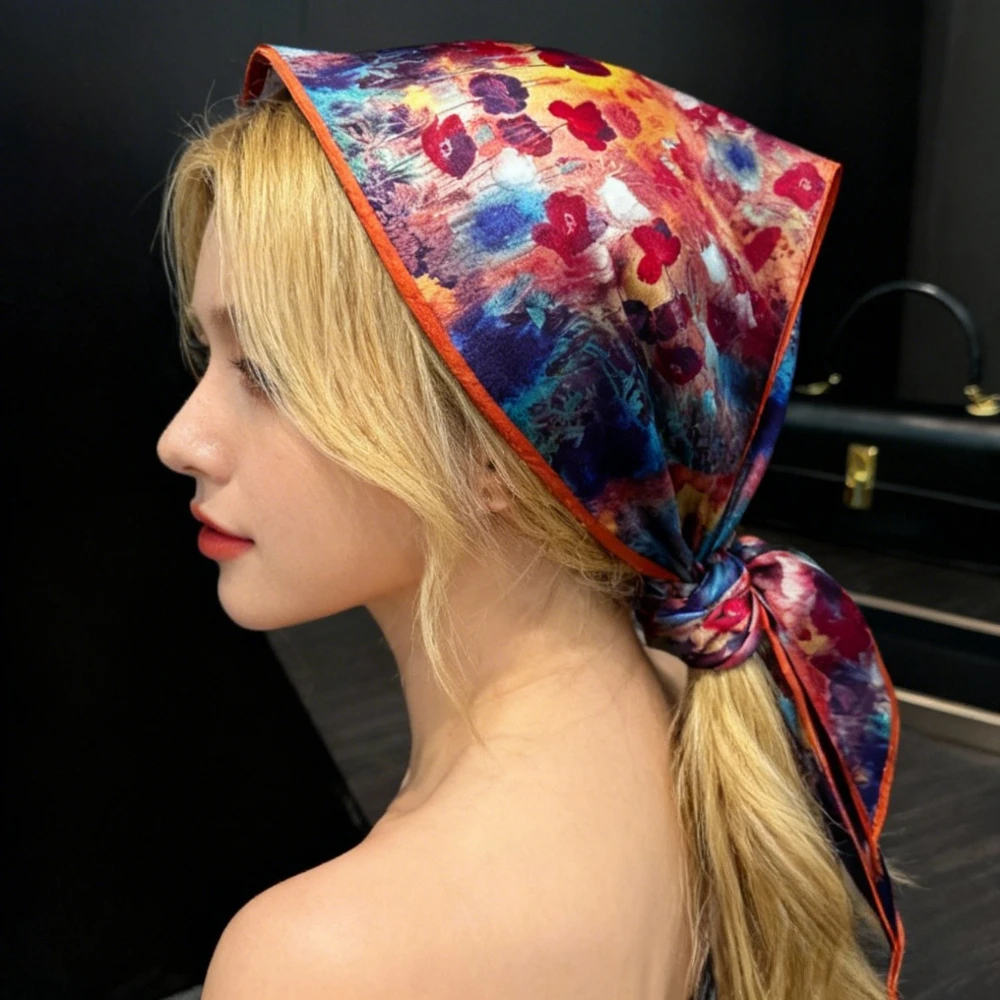 

68cm Colorful Oil Painting Hijab Scarf for Women Polyester Fiber Printed Scarf Fashionable and Versatile Neck Shawl Hijab