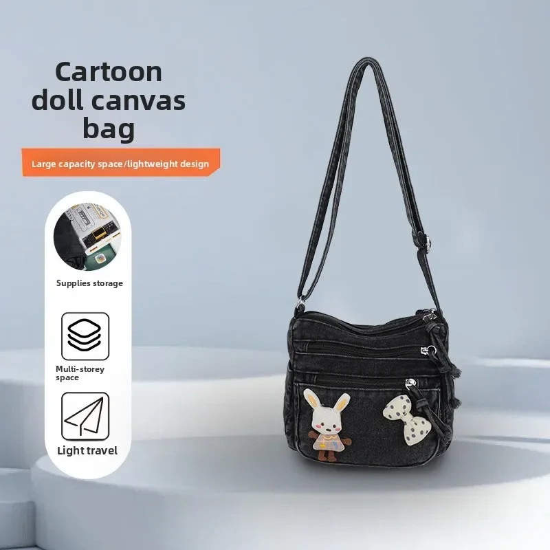 Cartoon Rabbit Canvas Bag Women Large Capacity Spring Summer New Style Casual Crossbody Shoulder Bag for Commute