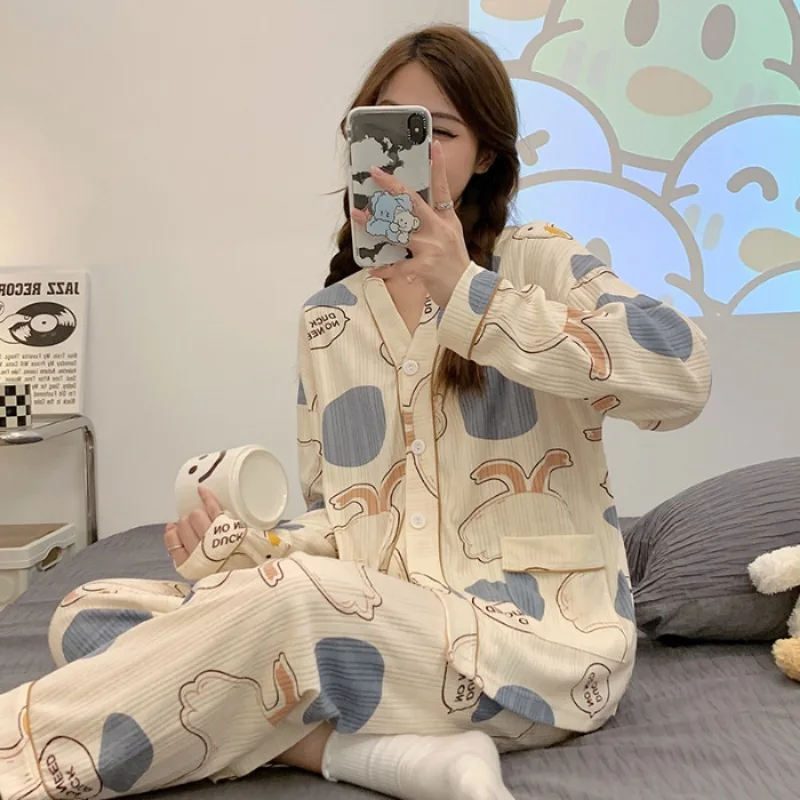 Women‘s Pajamas Cardigan Plaid Tops and Trousers Sleepwear Homewear Casual Cute Caroon Nightwear Loungewear Autumn and Winter