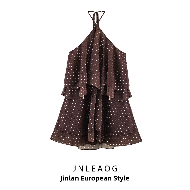 JNLEAOG Summer New Polka Dot Decorative Hanging Neckline Dress Women's Fashion A-Line Skirt Polyester Fiber No Sleeve