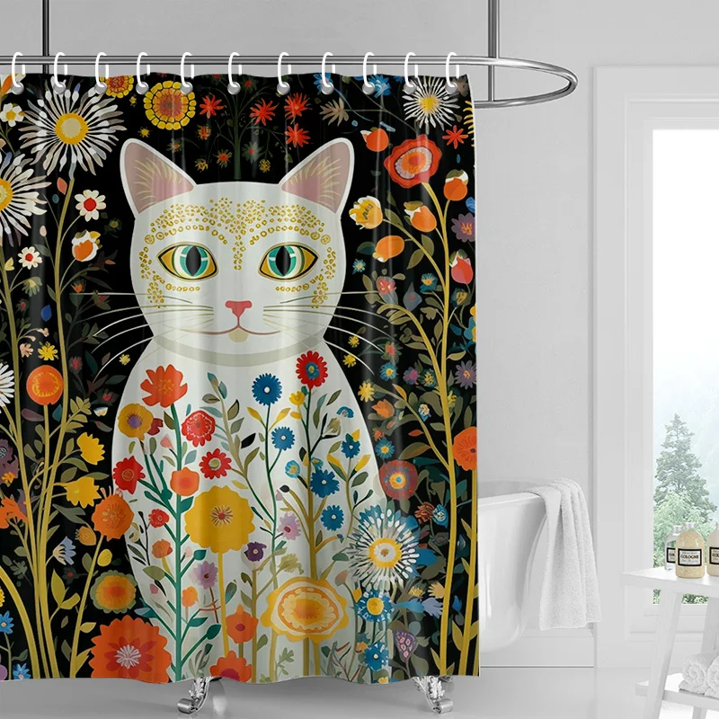 Vintage-Inspired Cat Shower Curtain with Floral&Leaf Patterns, High-Res Print, Charming & Artistic Bathroom Decor for Cat Lovers