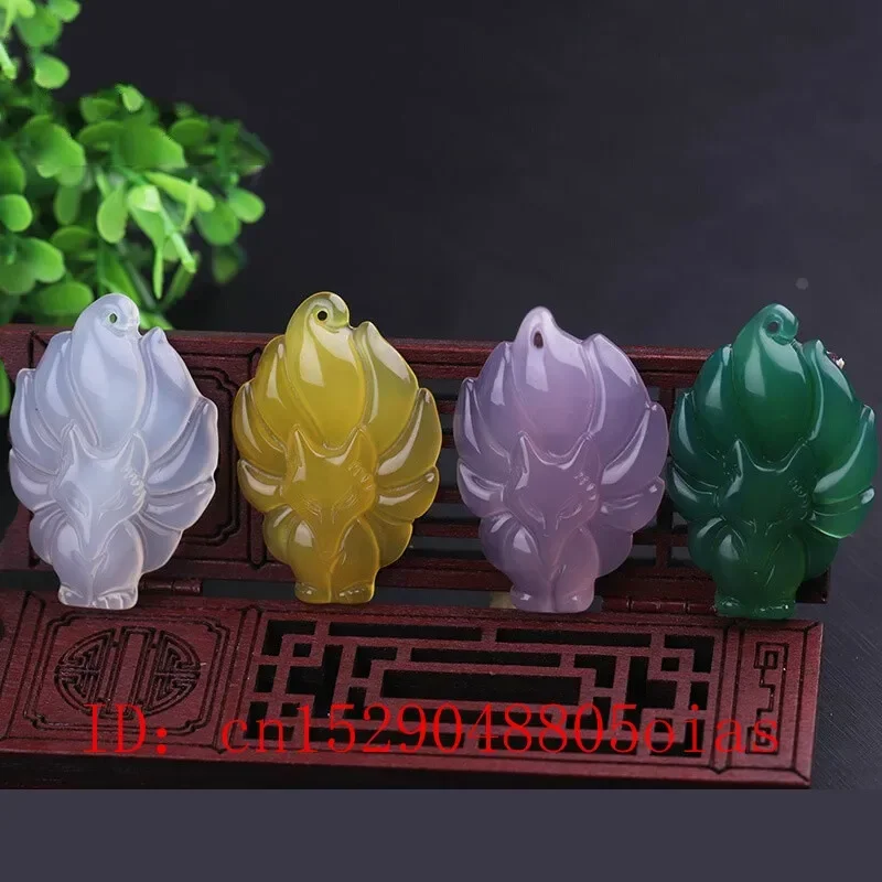 Naturalny wielokolorowy Jade dziewięcioogoniasty Fox wisiorek naszyjnik z agatów moda urok biżuteria rzeźbione chalcedon Amulet prezenty dla kobiet