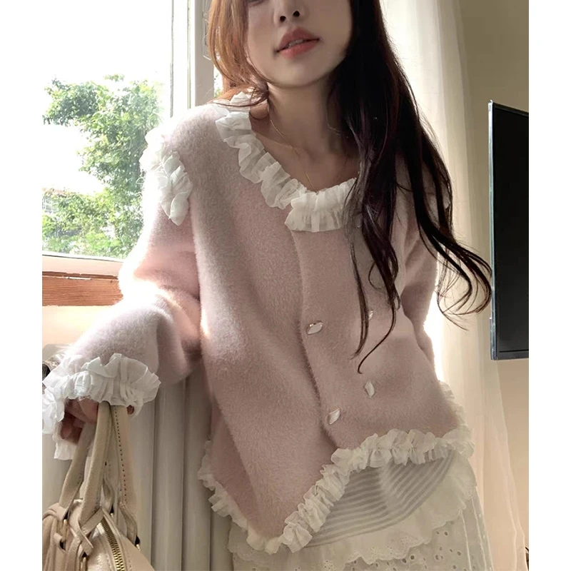 MEXZT Kawaii Pink Knitted Cardigan Women Irregular Lace Patchwork Sweater Outerwears Korean Long Sleeve Knitwear Winter Jumpers