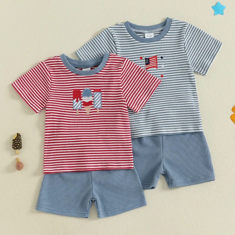 

Toddler Baby Boy 4th of July Outfit Star Popsicle/American Flag Striped Short Sleeve Tops Solid Shorts 2 Piece Waffle Set