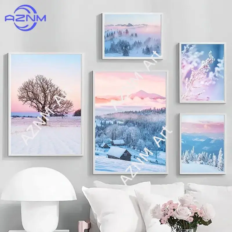 Nordic Winter Snow Town Lake House Forest Flowers Canvas Art  Unframed Wall Decor for Living Room Home Decor Perfect for Mode