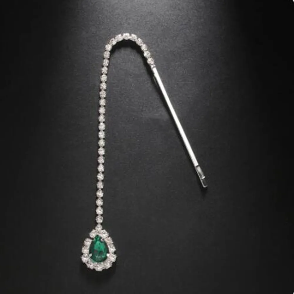 Indian Rhinestone Retro Green Water Drip Pendant Hair Clips Headwear Wedding Jewelry for Women Crystal Tassel Hairpins Barrette