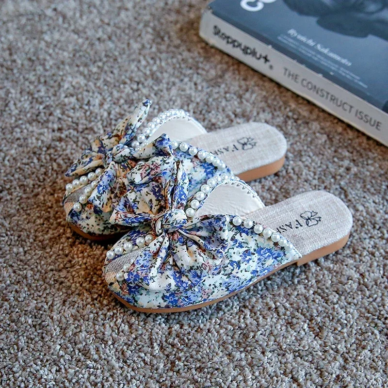 Children Slippers Kids Summer Slippers for Girls Soft Floral Cloth Princess Sweet Indoor Outdoor Girls Pearls Slippers Bow-knot