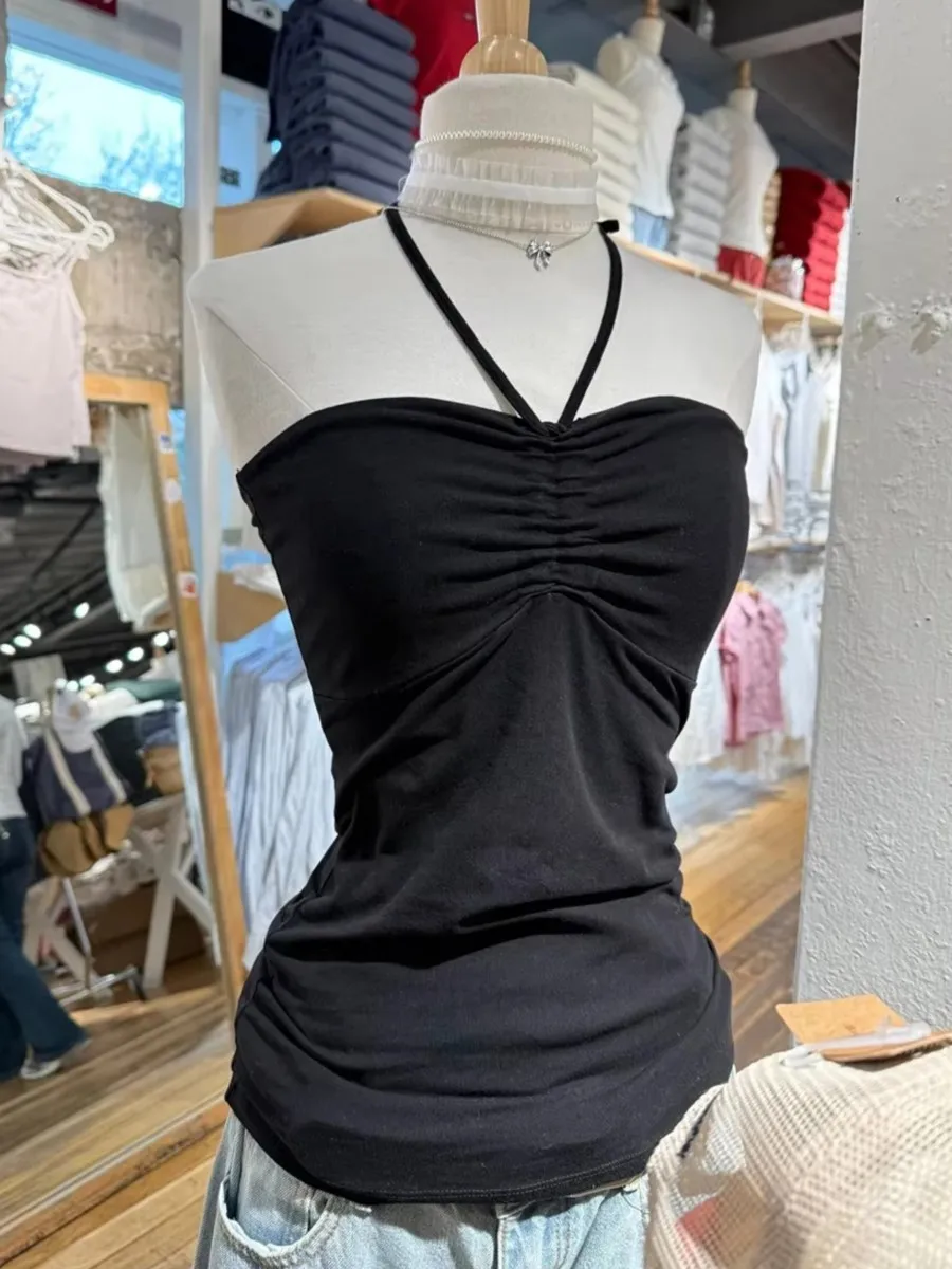 

Black Drawstring Folds Strapless Tank Top Women New Summer Cotton Slim All-match Camis Sweet Harajuku Preppy Style Vest Y2K Tops