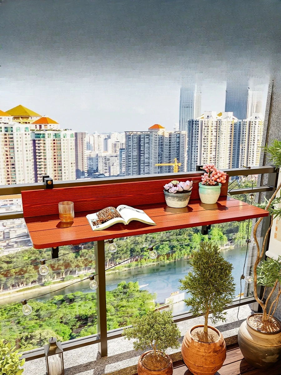 

Balcony railing hanging table Solid wood bar table Household foldable Small apartment creative leisure table