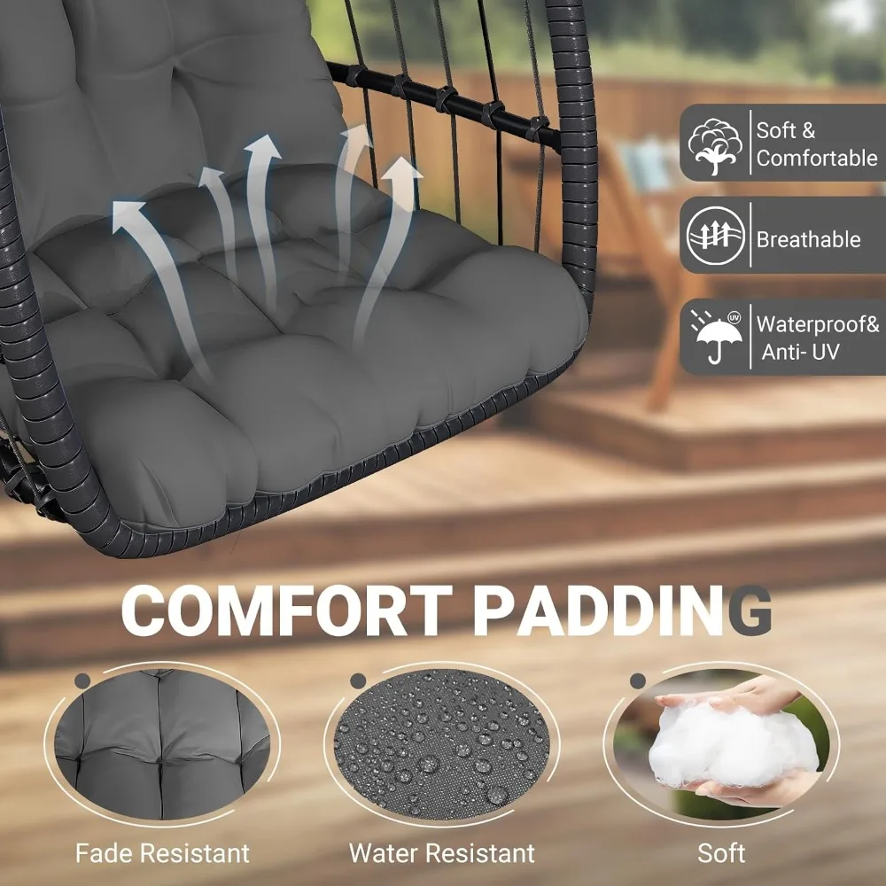 Hanging Egg Chair with Stand, Rattan Wicker Swing for Patio Garden, Steel Frame, 350LBS, Dark Grey