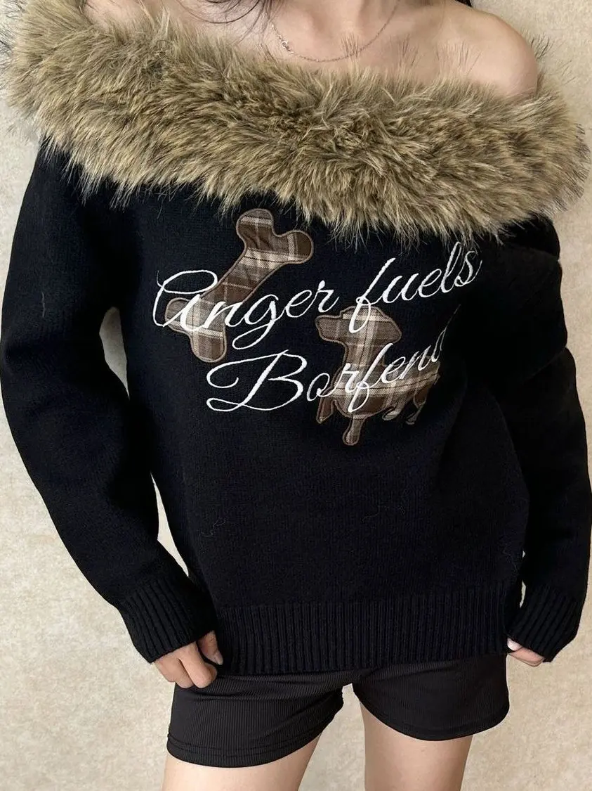 

Свитер с вышивкой в стиле ретро, колбаса, собака, длинный све, меховой воротник, лоскутная трикотажная одежда, повседневная свободная одежда, осенняя одежда...