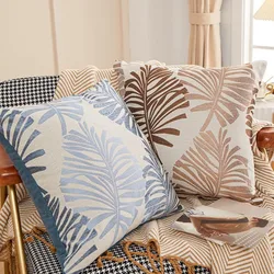 45x45cm Throw Pillow Case Leaf Pattern Square Decorative Embroidery Jacquard Cushion Cover for Farmhouse Home Holiday Decor Blue