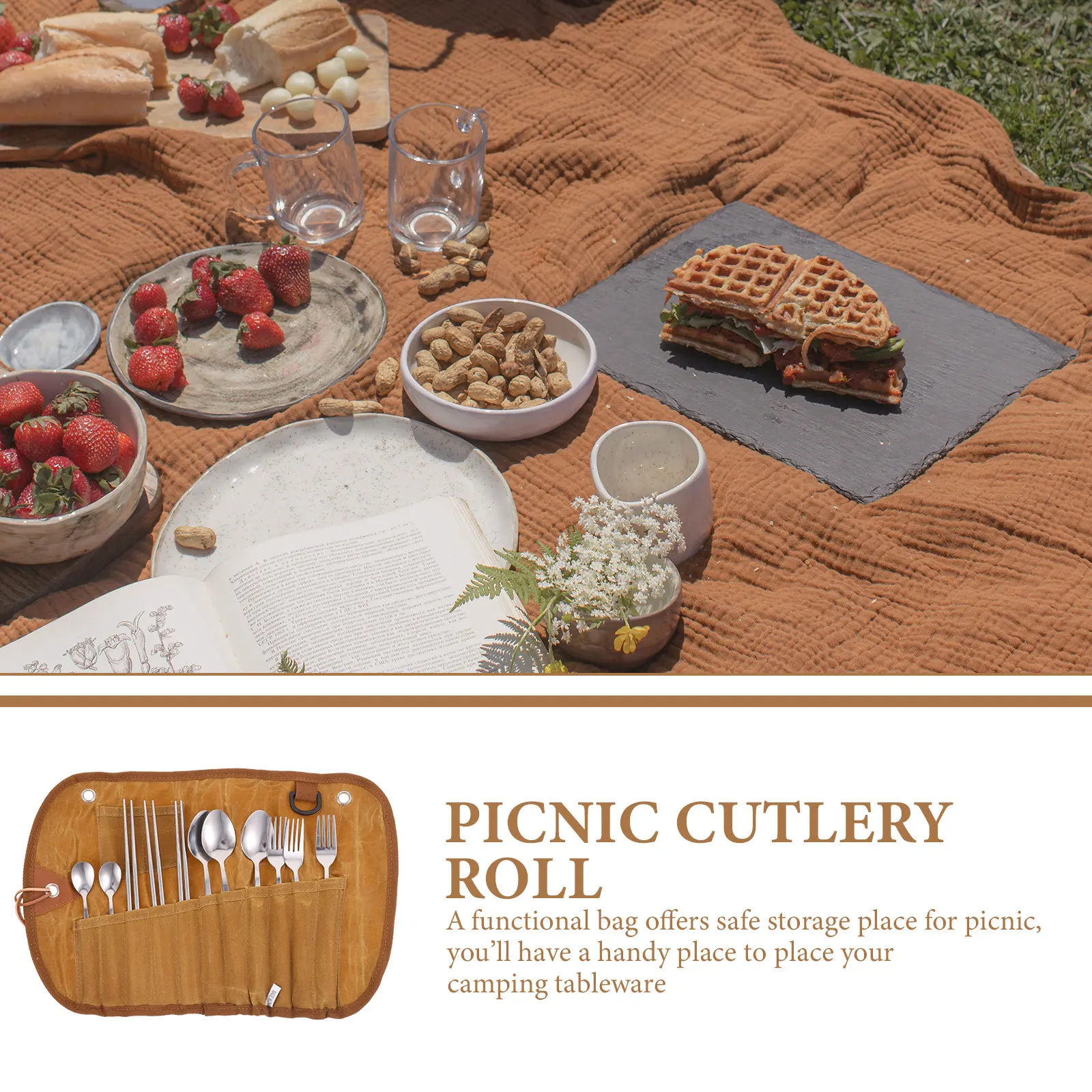 

1Set Camping Tableware Set Portable Cutlery Roll Picnic Organizer Bag Outdoor Utensils Storage for Barbecue Hiking