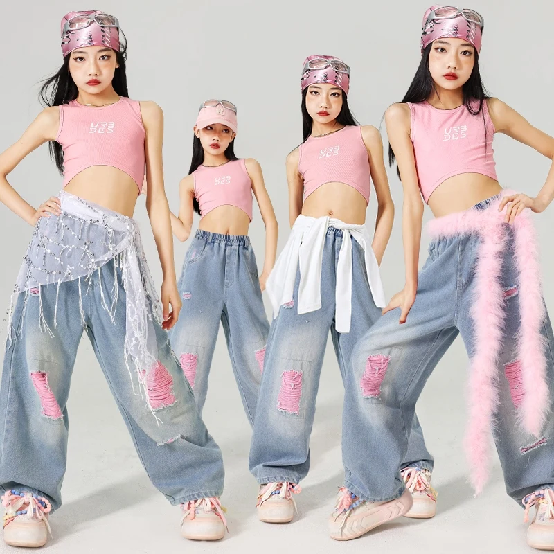 

Jazz Dance Performance Costume Girl Kpop Stage Outfit Pink Vest Loose Jeans Summer Fashion Clothes Kid Street Dance Wear AMY1792