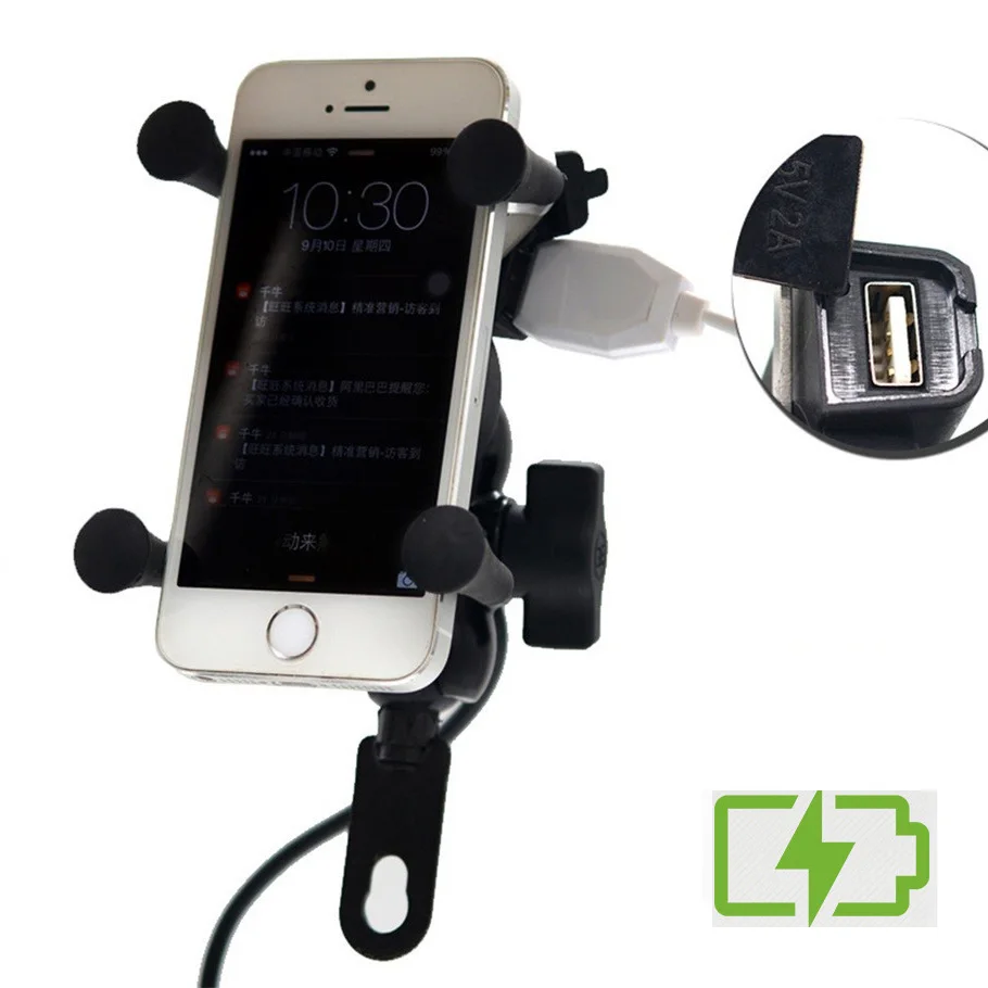 Cycling Mount Holder with Ball Head Arm Mobile Phones Stands with USB charger for Motorcycle Rear-mirror Base